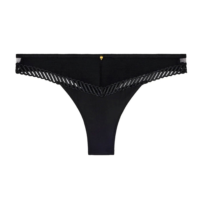 Schwarzer String aus transparentem Tüll mit Stickereiborte und goldfarbenen Schmuckelement aus der Dessous-Serie Sheer Emotion von Aubade Paris - Produktansicht