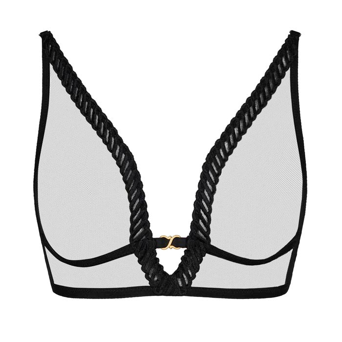 Schwarzes Bralette ohne Bügel aus transparentem Tüll mit Stickereiborte und goldfarbenen Schmuckelement aus der Dessous-Serie Sheer Emotion von Aubade Paris - Produktansicht