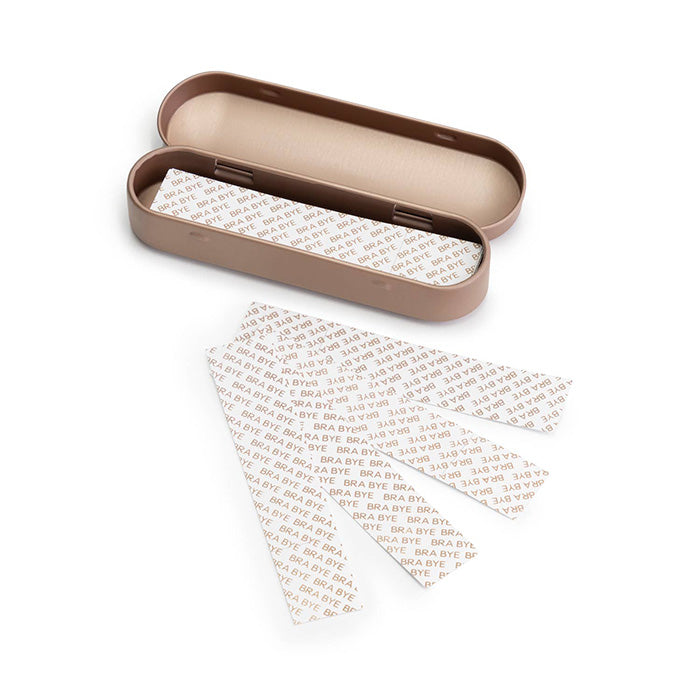 Bye Bra unsichtbare Kleidertape-Strips, Produktfoto mit geöffneter Metallbox und Klebestreifen