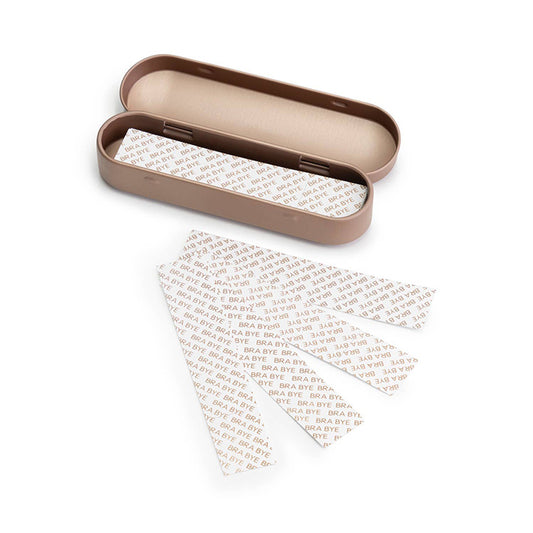 Bye Bra unsichtbare Kleidertape-Strips, Produktfoto mit geöffneter Metallbox und Klebestreifen