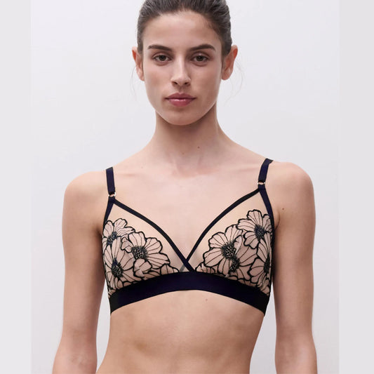 Blumen-Stickerei Bralette ohne Bügel von Chantelle Pulp aus der Dessous-Serie Lush in schwarz - Vorderansicht