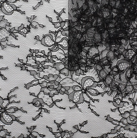 Detailaufnahme schwarze Chantilly Spitze mit Bogenkantenabschluß