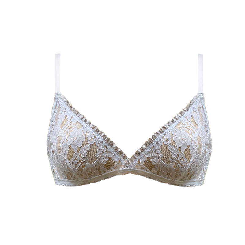 Weißes Bralette ohne Bügel aus durchsichtiger Spitze und mit braun-weißer Rüschenbortre verzierte Cups von fishbelly Lingerie handmade in Berlin 