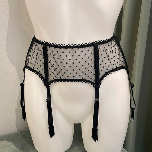  Strumpfhalter aus schwarzem festen, durchsichtigen Tupfentüll - fishbelly Lingerie handmade in Berlin