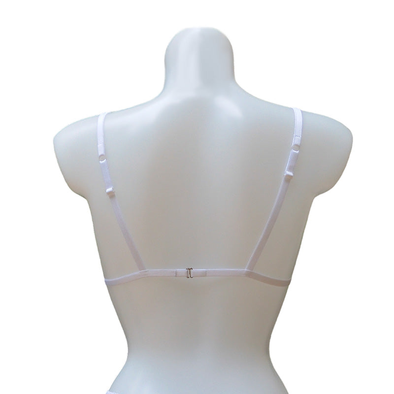 Bralette aus weißer durchsichtiger Stickerei und lilafarbenen Satinbändern mit dekorativer Schleife von fishbelly Lingerie - handmade in Berlin - Rückansicht