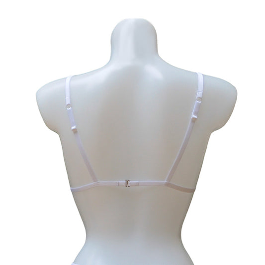 Bralette aus weißer durchsichtiger Stickerei und lilafarbenen Satinbändern mit dekorativer Schleife von fishbelly Lingerie - handmade in Berlin - Rückansicht