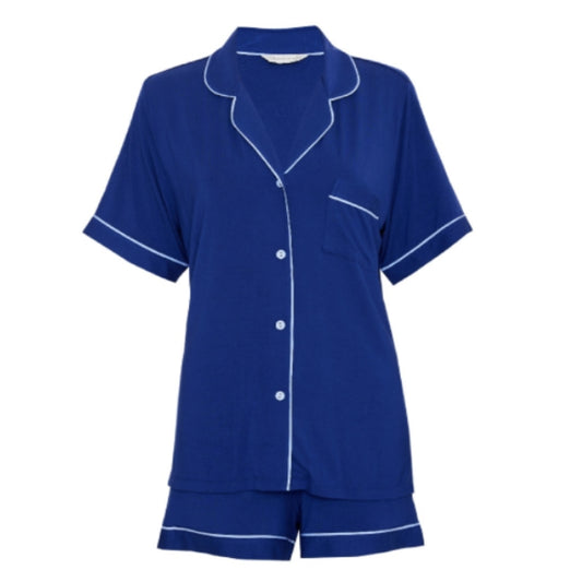 Madeline blauer Jersey Pyjama von Cyberjammies aus ultraweichem Modal Jersey mit hellblauen Paspeln