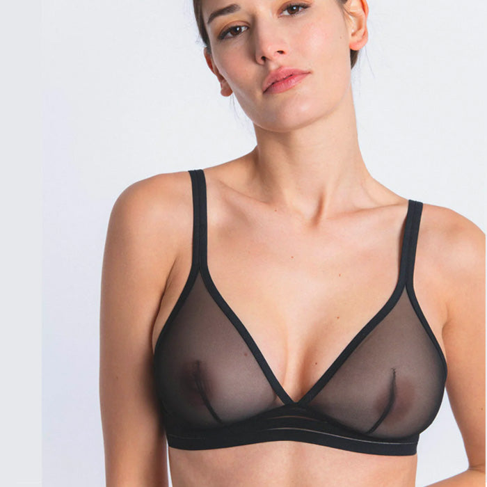 Transparenter Triangel-BH ohne Bügel in schwarz von Maison Lejaby aus der Dessous-Serie "Nufit" - Vorderansicht