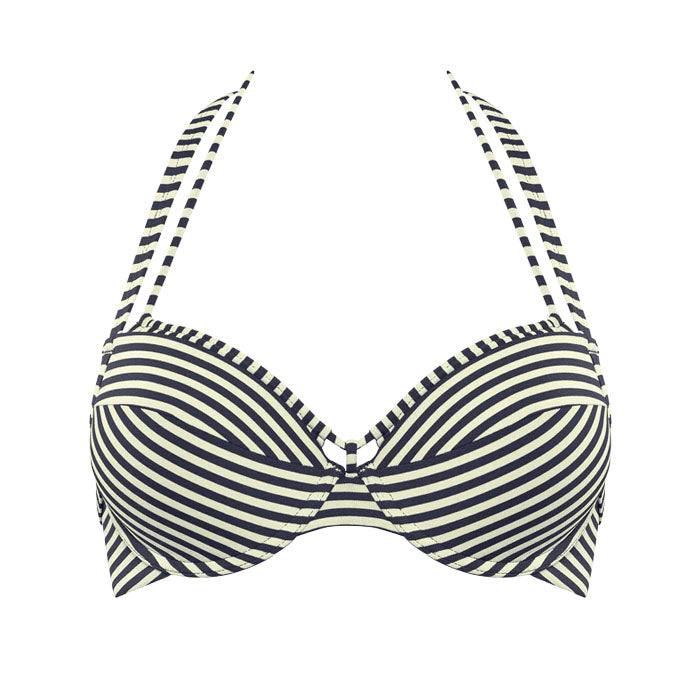 Blau-Ecru gestreiftes Push-Up Bikini-Oberteil im Halterneckstil aus der Serie Holi Vintage von Marlies Dekkers - Vorderansicht 