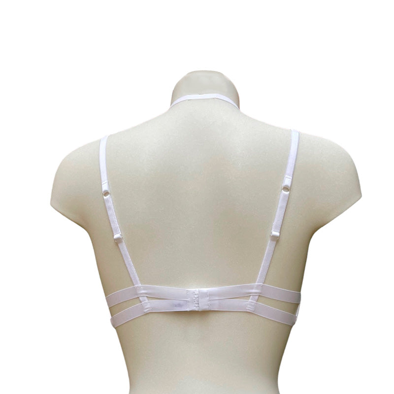 Romantisches Peonie Bralette aus detailreicher cremeweißer Stickerei, die mit hellblauen (oder wahlweise hellrosa) und weißen geschwungenen Linien mit Bänderverzierung von fishbelly Lingerie handmade in Berlin - Rückansicht