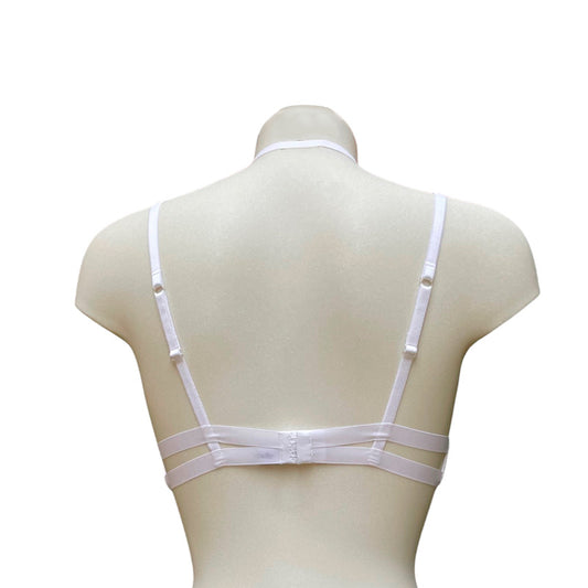 Romantisches Peonie Bralette aus detailreicher cremeweißer Stickerei, die mit hellblauen (oder wahlweise hellrosa) und weißen geschwungenen Linien mit Bänderverzierung von fishbelly Lingerie handmade in Berlin - Rückansicht