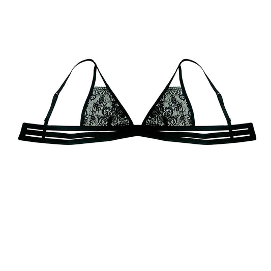 Schwarzes Bralette aus hochwertiger Spitze mit raffinierter Bänderverzierung von fishbelly Lingerie handmade in Berlin