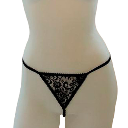 Schwarzer transparenter G-String aus hochwertiger Spitze mit Perlenkette im Schritt von fishbelly Lingerie handmade in Berlin