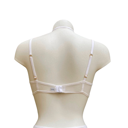 Cremefarbener Bügel-BH mit Halterneck-Dekoration Rückansicht- fishbelly Lingerie handmade in Berlin