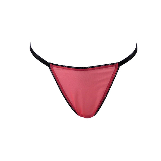 Offener Tanga-Slip ouvert in rot mit schwarzen Kontrasten und  schwarzen Satinschleifchen - fishbelly Lingerie handmade in Berlin