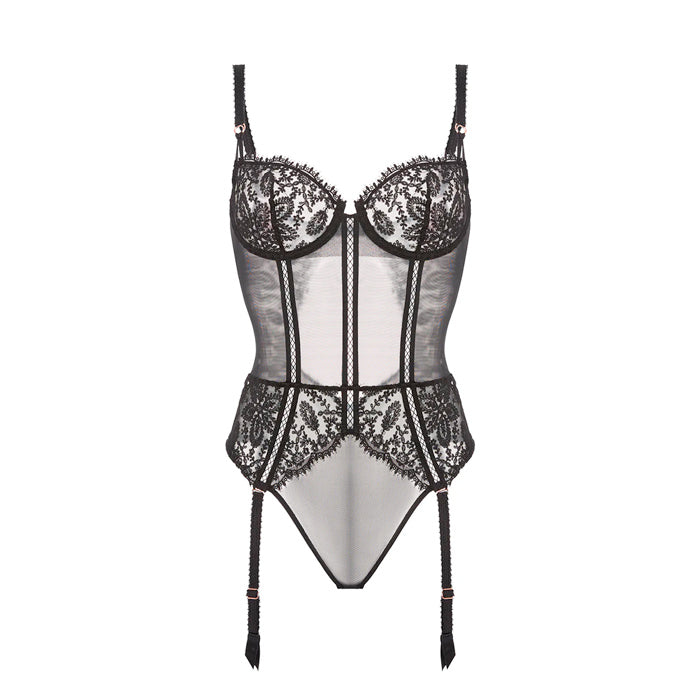 Bodysuit Précieuse von Simone Pérèle in Schwarz – Body aus Stickerei und Tüll mit Bügel und Strumpfhaltern