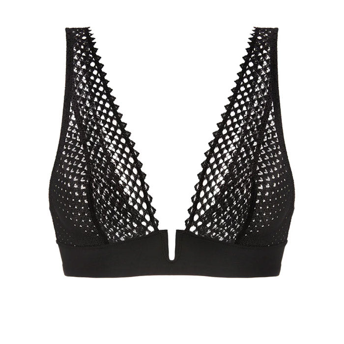 Schwarzes Bralette ohne Bügel aus grafischer Spitze mit tiefem Ausschnitt von Simone Perele aus der Dessous-Serie Cassandre- Produktansicht