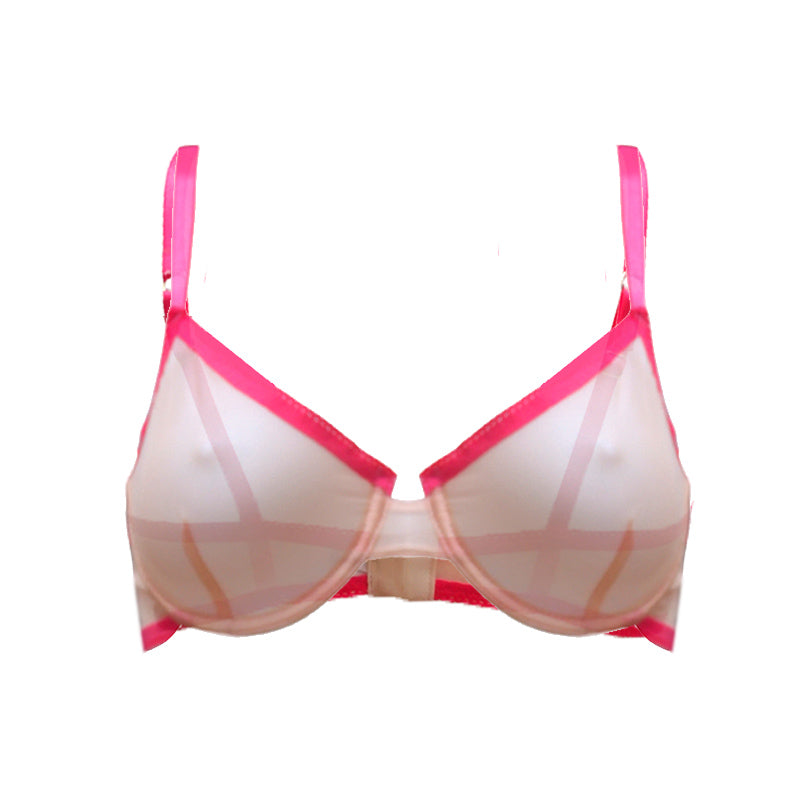 Transparenter Bügel-BH in apricot-nude mit neonfuchsia-farbener Borte und Trägern von fishbelly Lingerie - handmade in Berlin