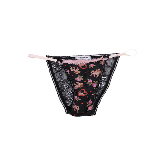 Tanga-Slip mit romantischem Print und Rückseite aus schwarzer Spitze | fishbelly Lingerie in Berlin