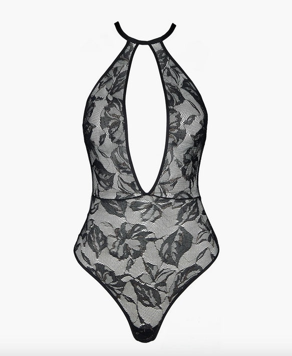 Sexy schwarzer Bodysuit Twist and Love von Aubade aus transparenter floraler Spitze mit Bondage-Elementen - Produktfoto
