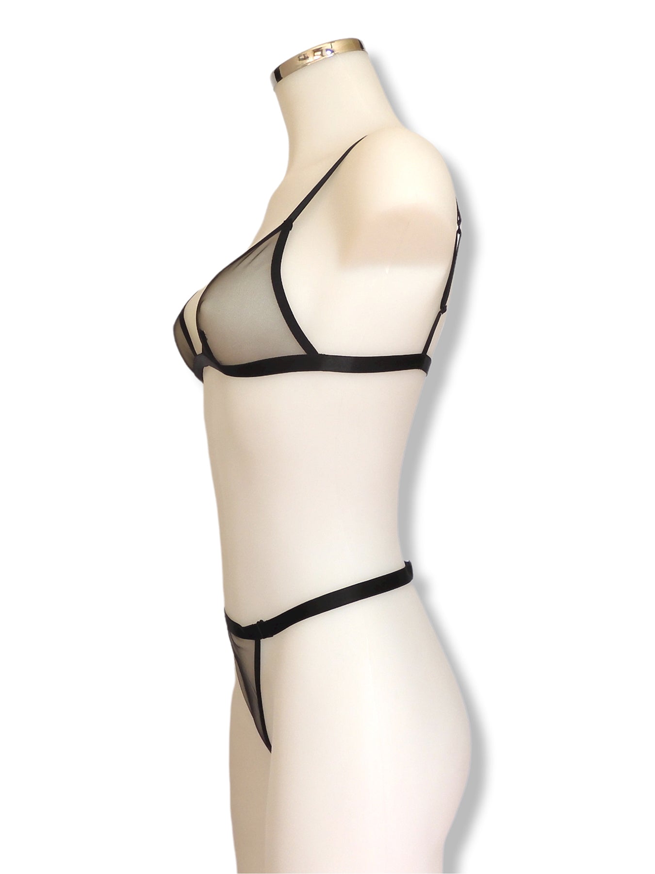 Transparenter schwarzer Triangel BH mit High Waist Tanga-String Seitenansicht| fishbelly handmade Lingerie