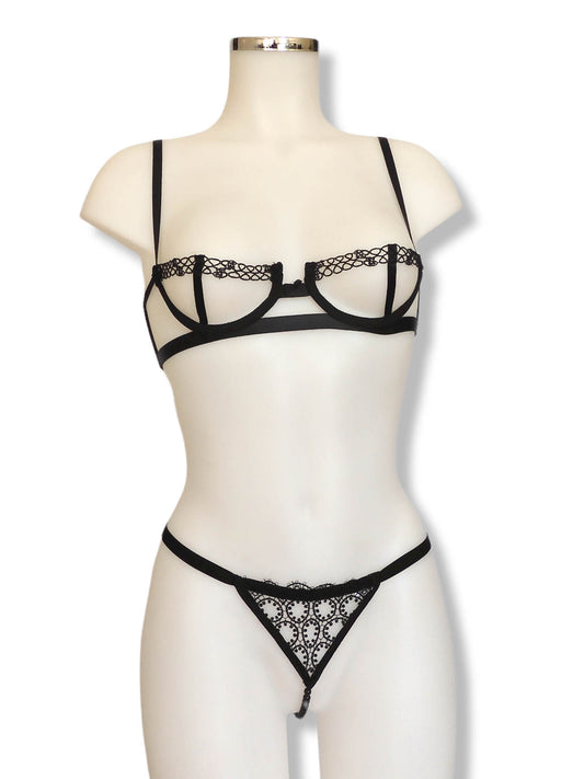 Offener schwarzer Bügel-BH mit Perlen-String| fishbelly handmade Lingerie