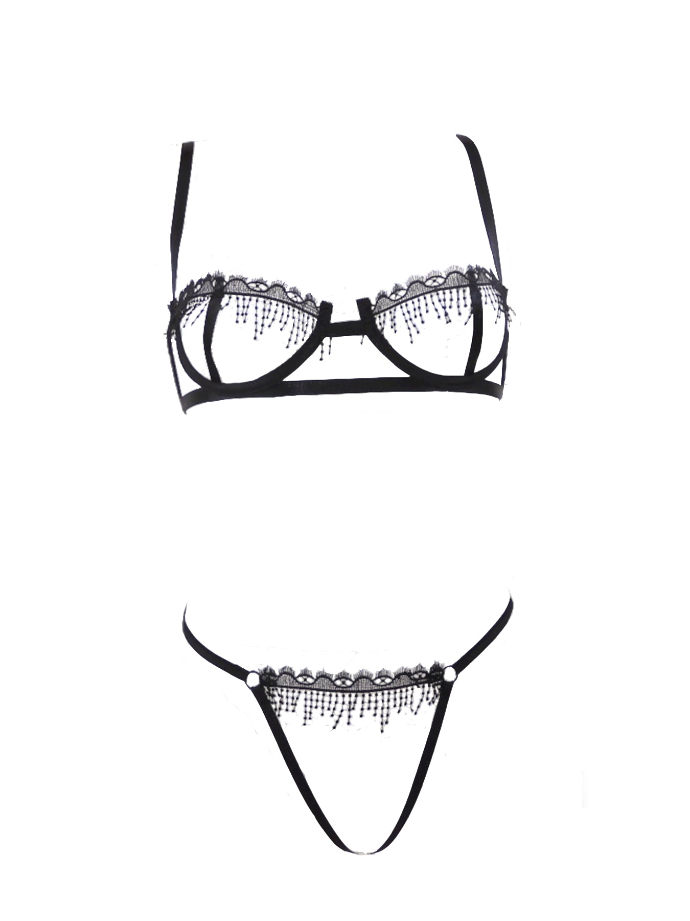 Offener schwarzer Bügel-BH mit offenem G-String| fishbelly handmade Lingerie