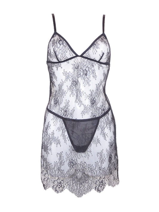 Durchsichtiges Kleidchen in A-Form  im Slipdress-Stil aus schwarzer Spitze mit feiner Spitzen-Bogenkante als Saumabschluss - fishbelly Lingerie handmade in Berlin