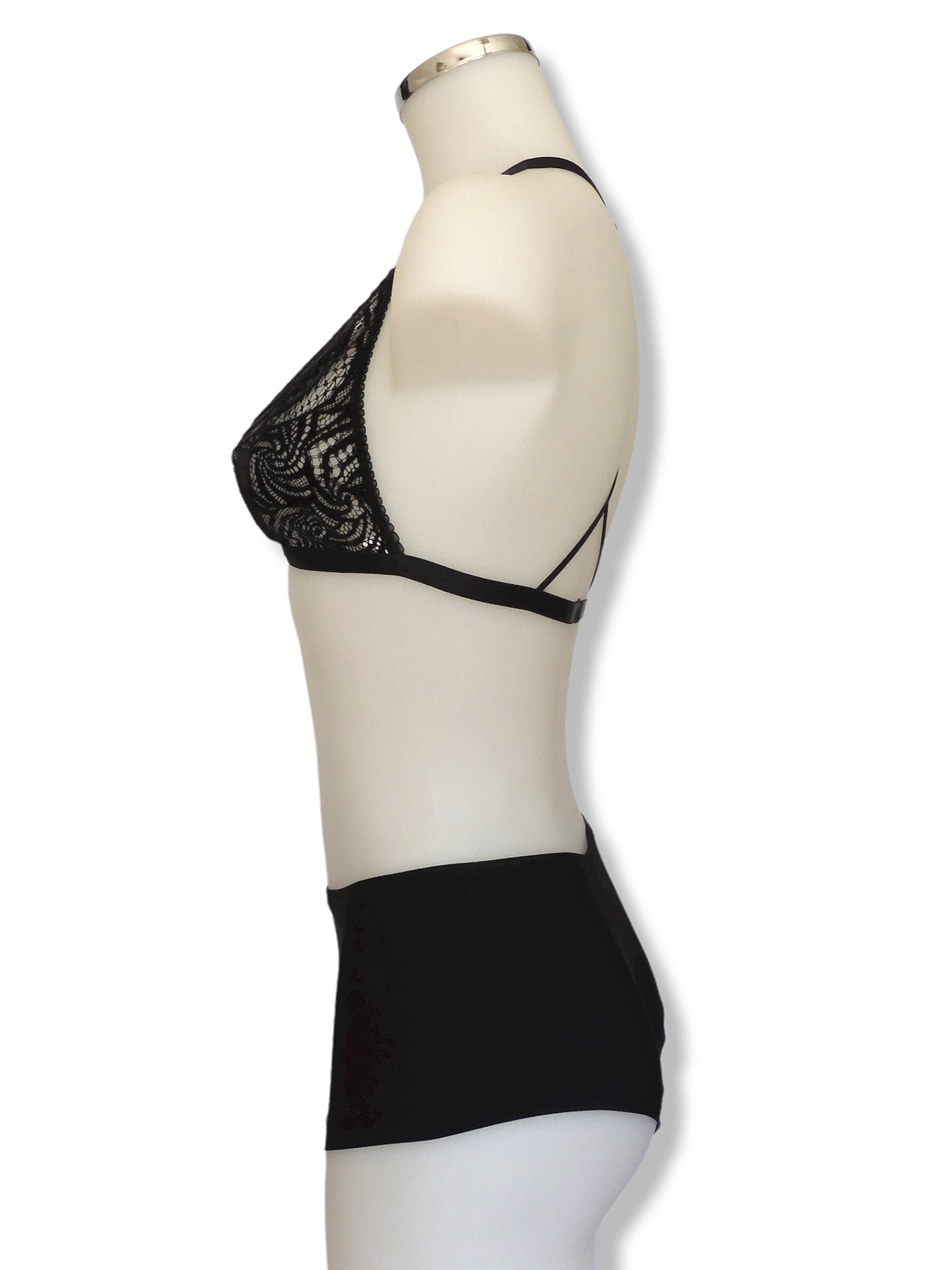 schwarzer Samt Triangel BH mit Racerback Seitenansicht| fishbelly handmade Lingerie