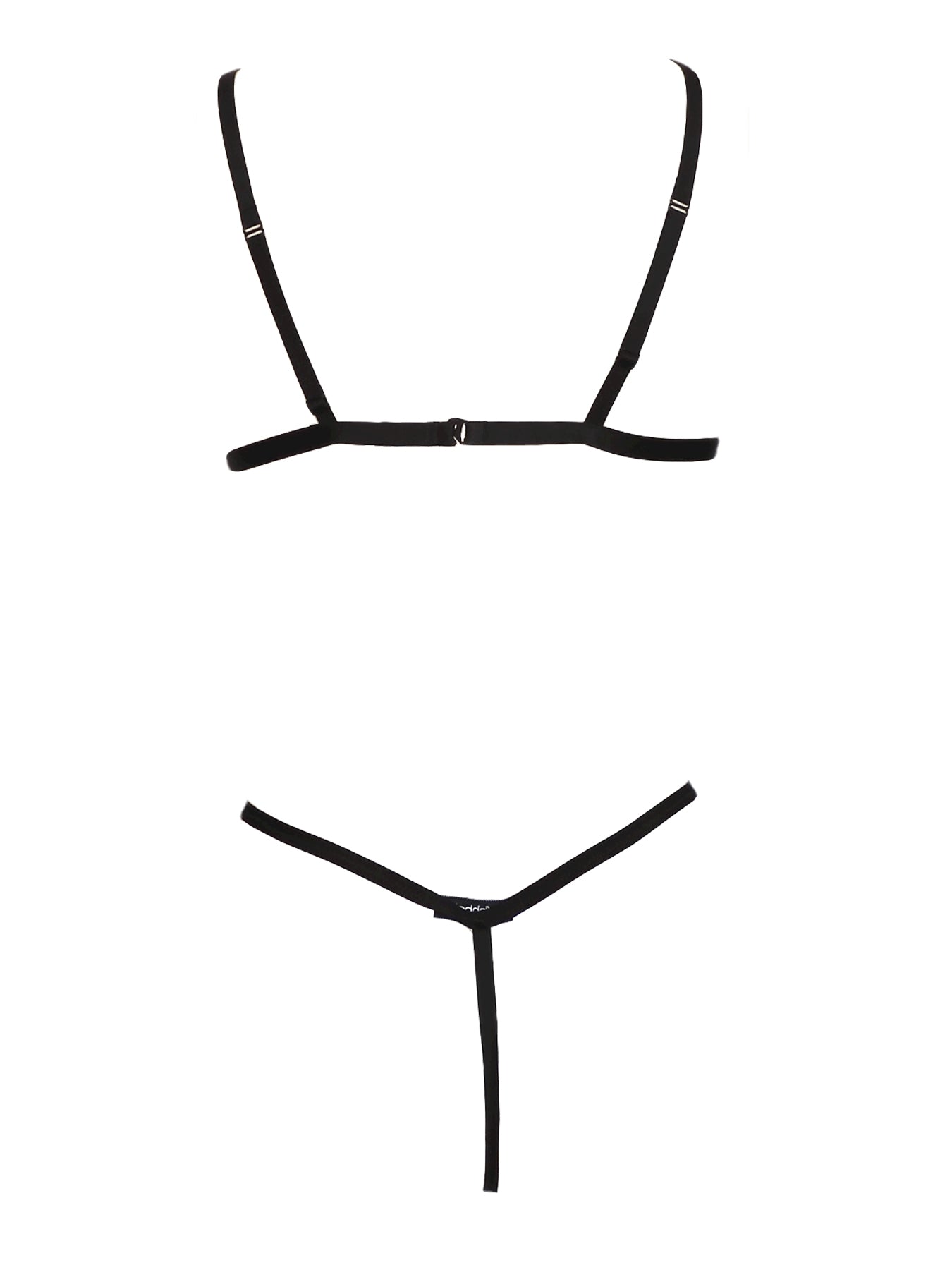 Schwarzer offener Open Cup Triangel BH aus Bändern mit passendem offenen G-String mit einer Perle Rückansicht| fishbelly handmade Lingerie