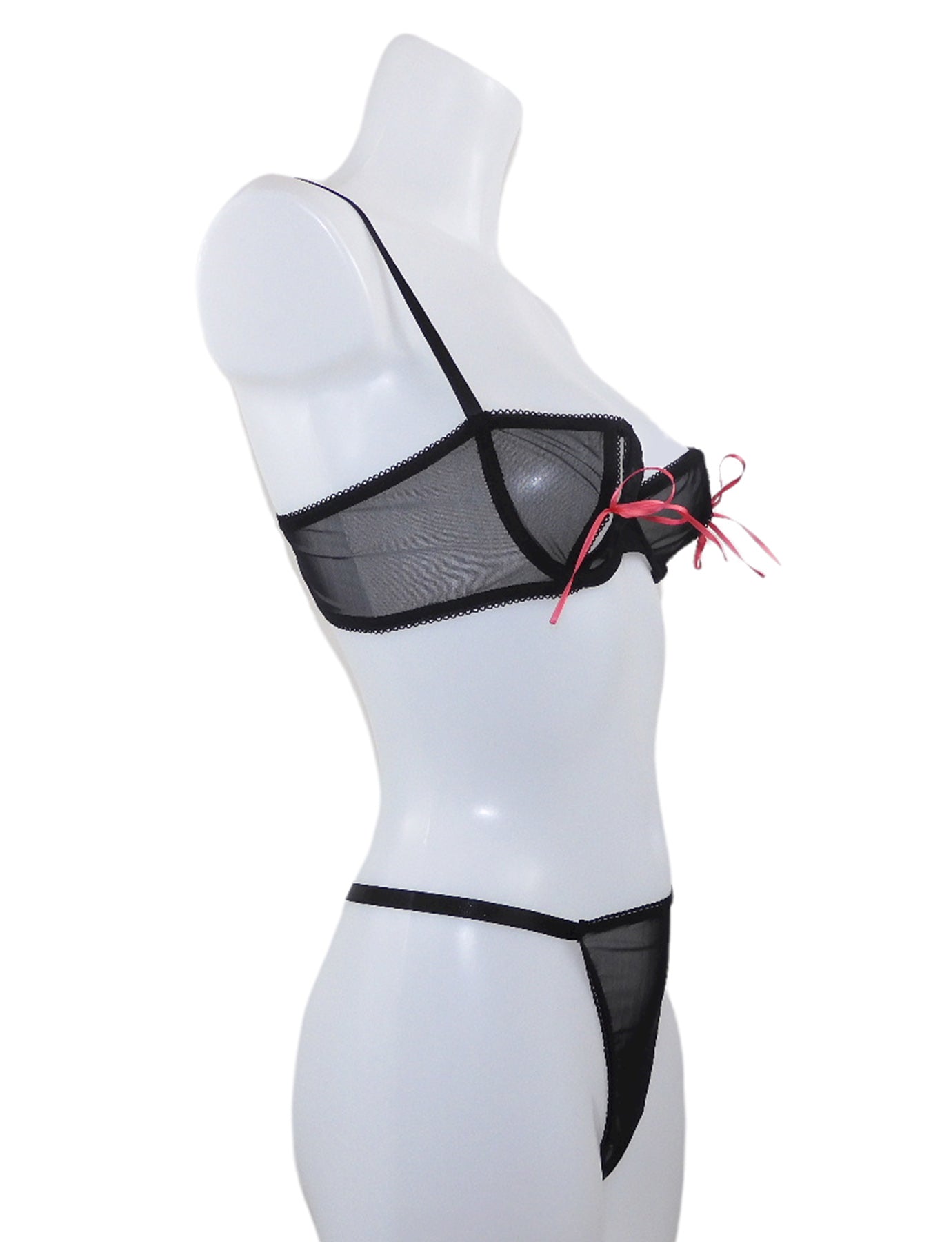 Offener Bügel-BH ouvert in schwarz mit roten Satinschleifchen und passendem offenen String ouvert  seitliche Ansicht- fishbelly Lingerie handmade in Berlin