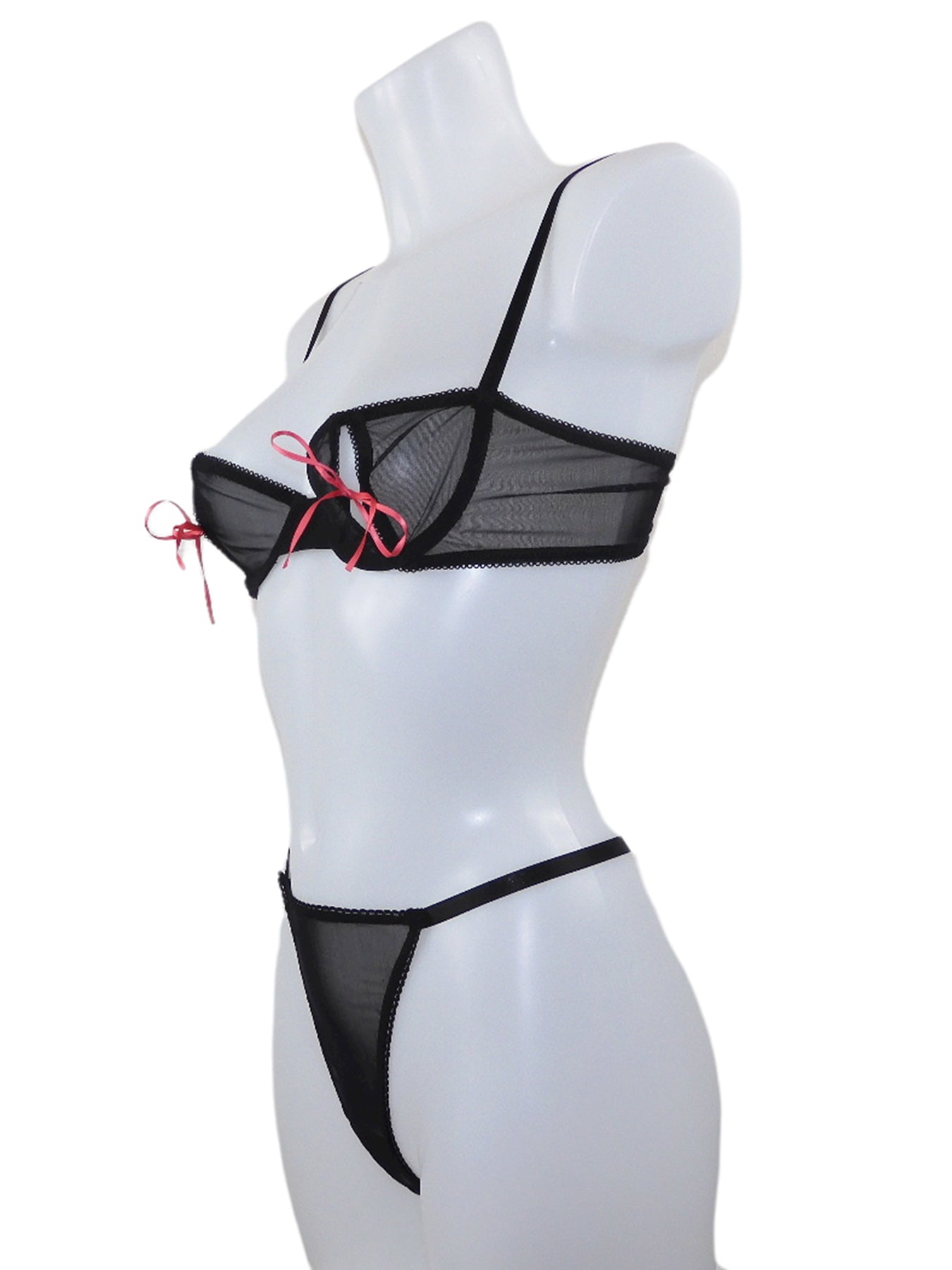Offener Bügel-BH ouvert in schwarz mit roten Satinschleifchen und passendem offenen String ouvert seitliche Ansicht- fishbelly Lingerie handmade in Berlin