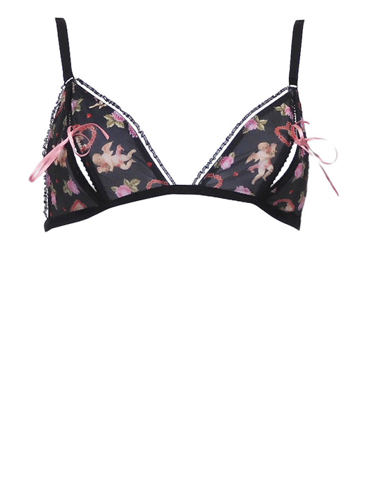 Liebreizender Bralette-BH ouvert aus Engel-, Herzchen- und Rosenprint. Die Cups des BHs sind offen ("ouvert"), werden mit schmalen dunkelrosa Satinbändchen geschlossen und laden so zum Spielen ein - fishbelly Lingerie handmade in Berlin