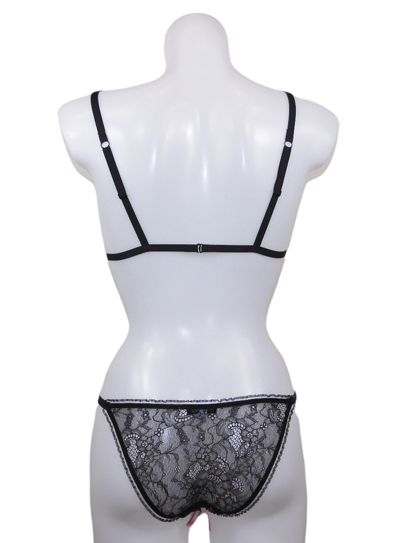 Liebreizender Bralette-BH ouvert aus Engel-, Herzchen- und Rosenprint mit passendem offenem Slip ouvert mit Rückenteil aus schwarzer Spitze Rückansicht - fishbelly Lingerie handmade in Berlin