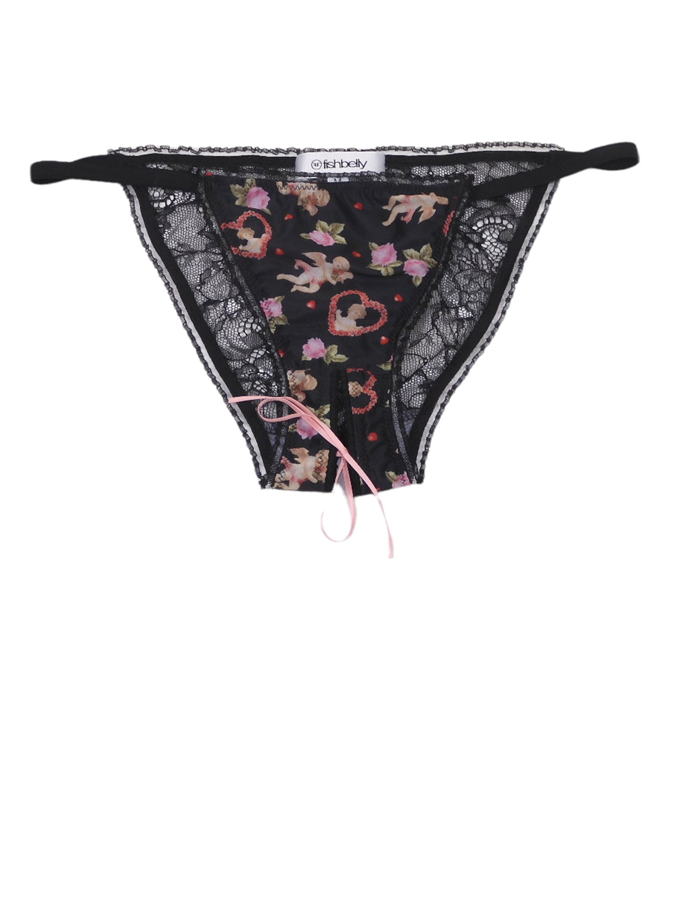 Liebreizender Tanga-Slip ouvert aus Engel-, Herzchen- und Rosenprint  mit Rückenteil aus schwarzer Spitze - fishbelly Lingerie handmade in Berlin