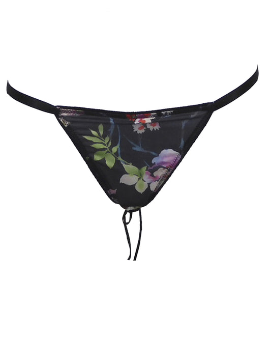 Offener Tanga-Slip ouvert aus schwarzem Mesh in Kombination mit türkiser Borte und floralem Print - fishbelly Lingerie handmade in Berlin