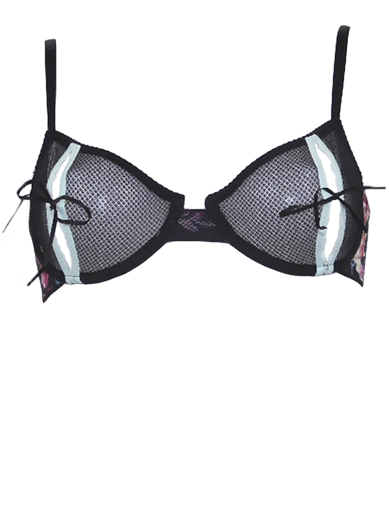 Offener Bügel BH ouvert aus schwarzem Mesh in Kombination mit türkiser Borte und floralem Print - fishbelly Lingerie handmade in Berlin